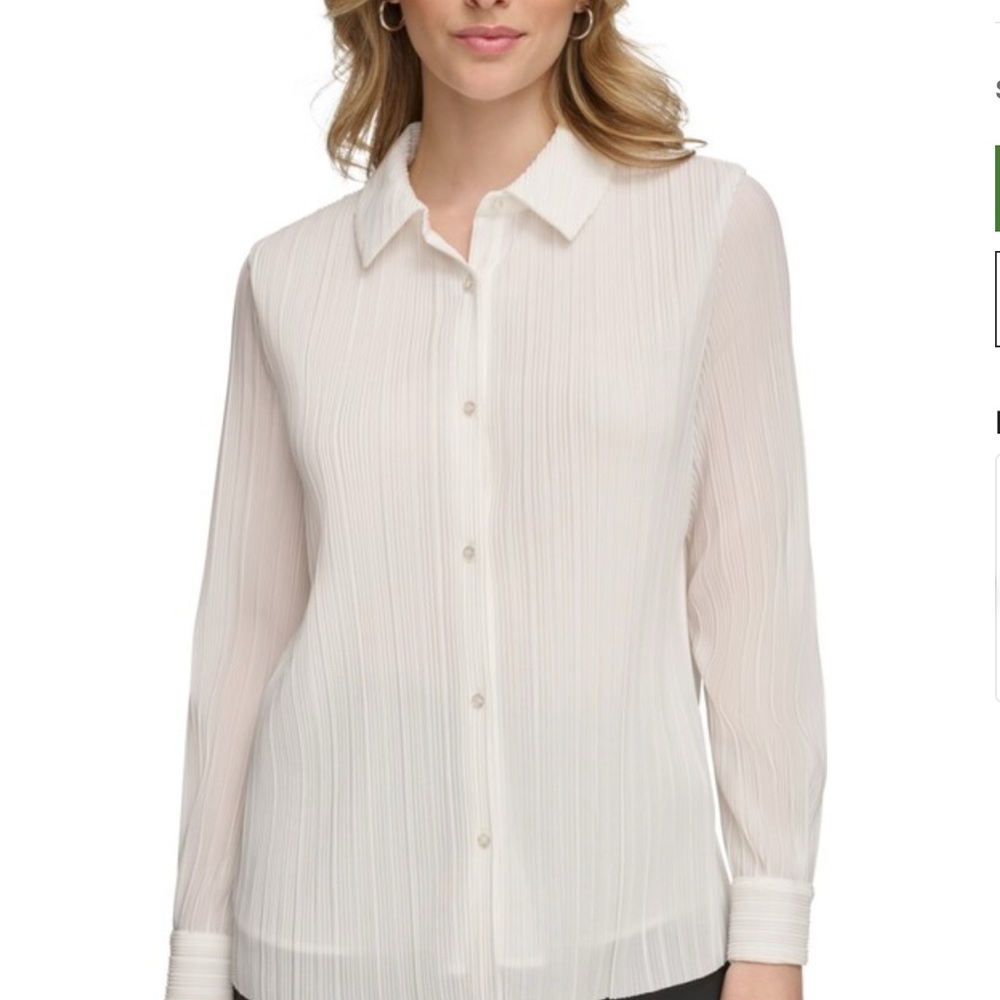 Calvin Klein White Button Down Blouse Plisse with Long Sleeves